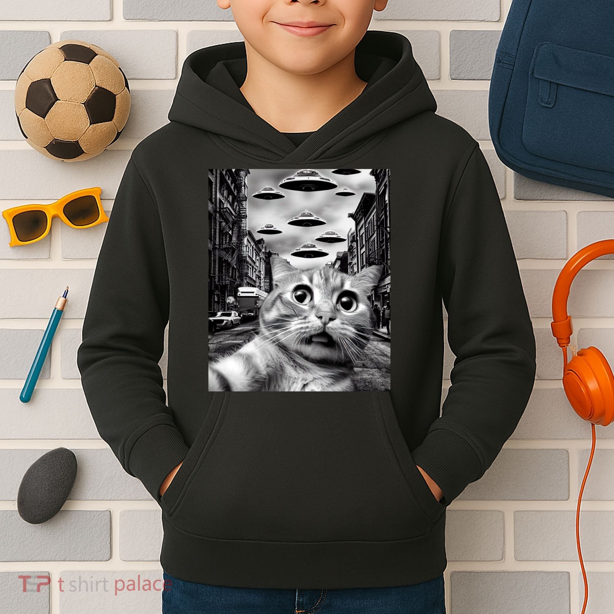 Alien UFO Funny Cat Selfie Kids Hoodie