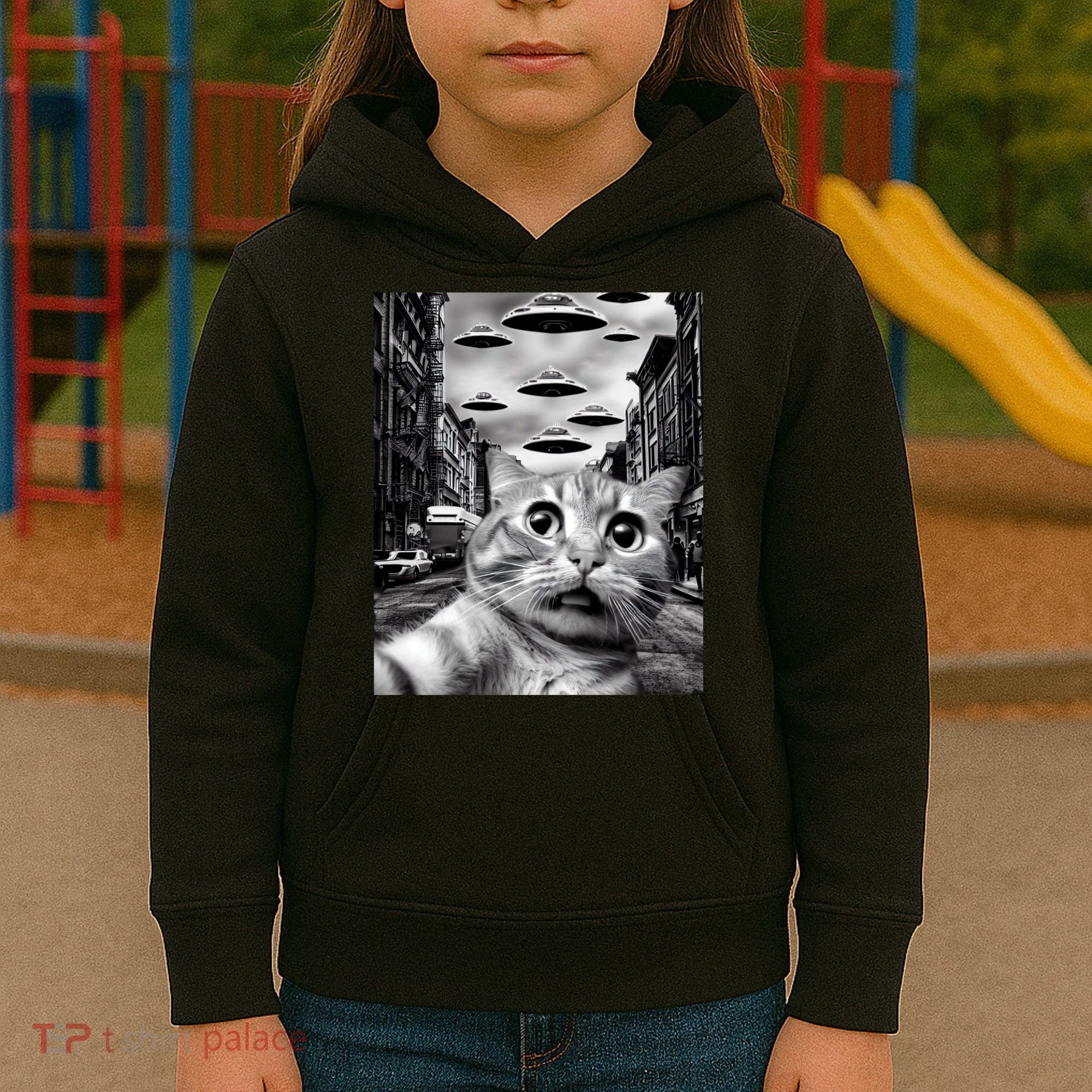 Alien UFO Funny Cat Selfie Kids Hoodie