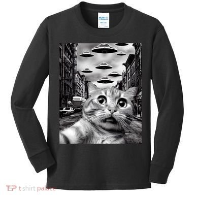 Alien UFO Funny Cat Selfie Kids Long Sleeve Shirt