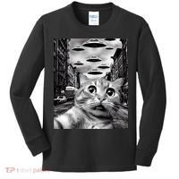 Alien UFO Funny Cat Selfie Kids Long Sleeve Shirt thumb 0