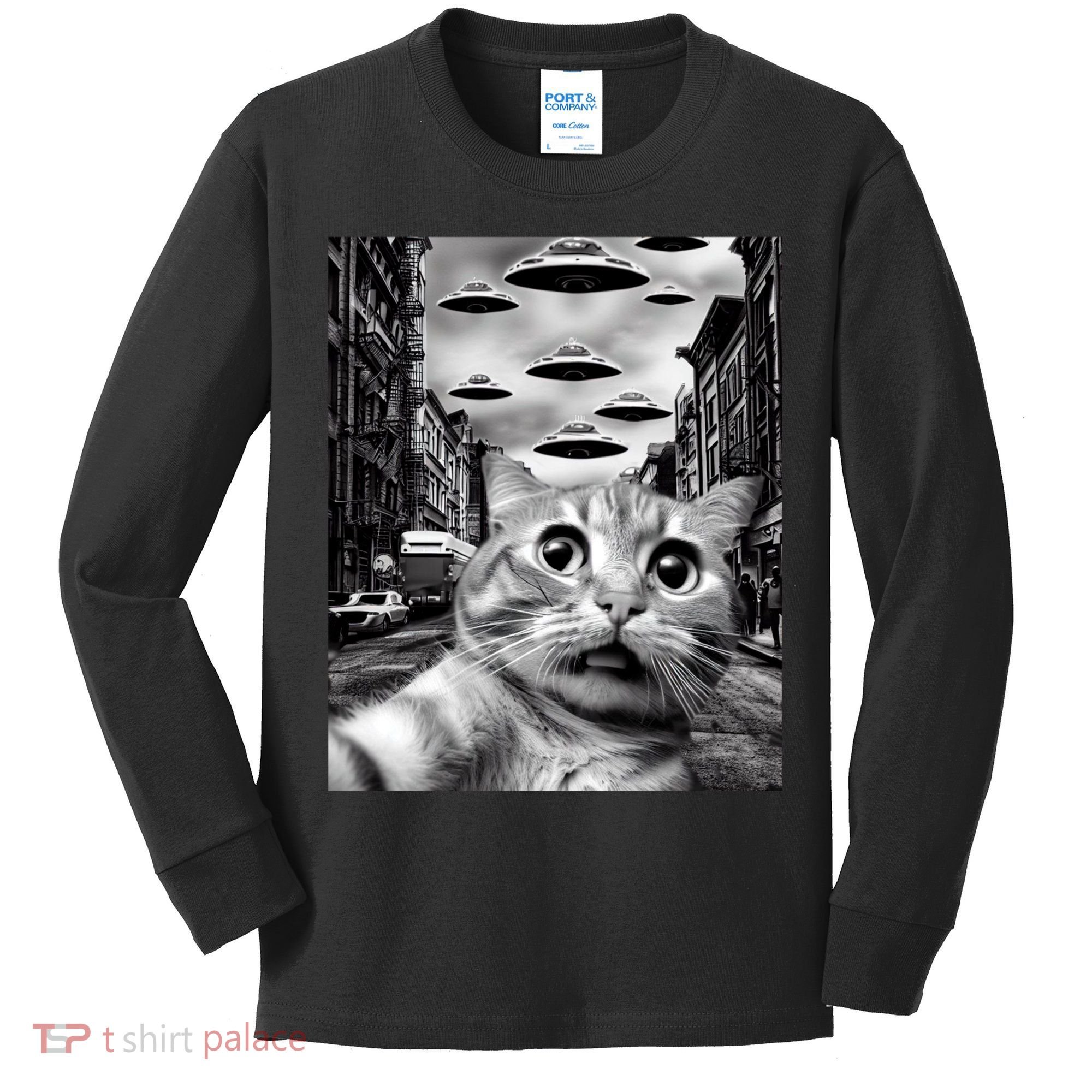 Alien UFO Funny Cat Selfie Kids Long Sleeve Shirt