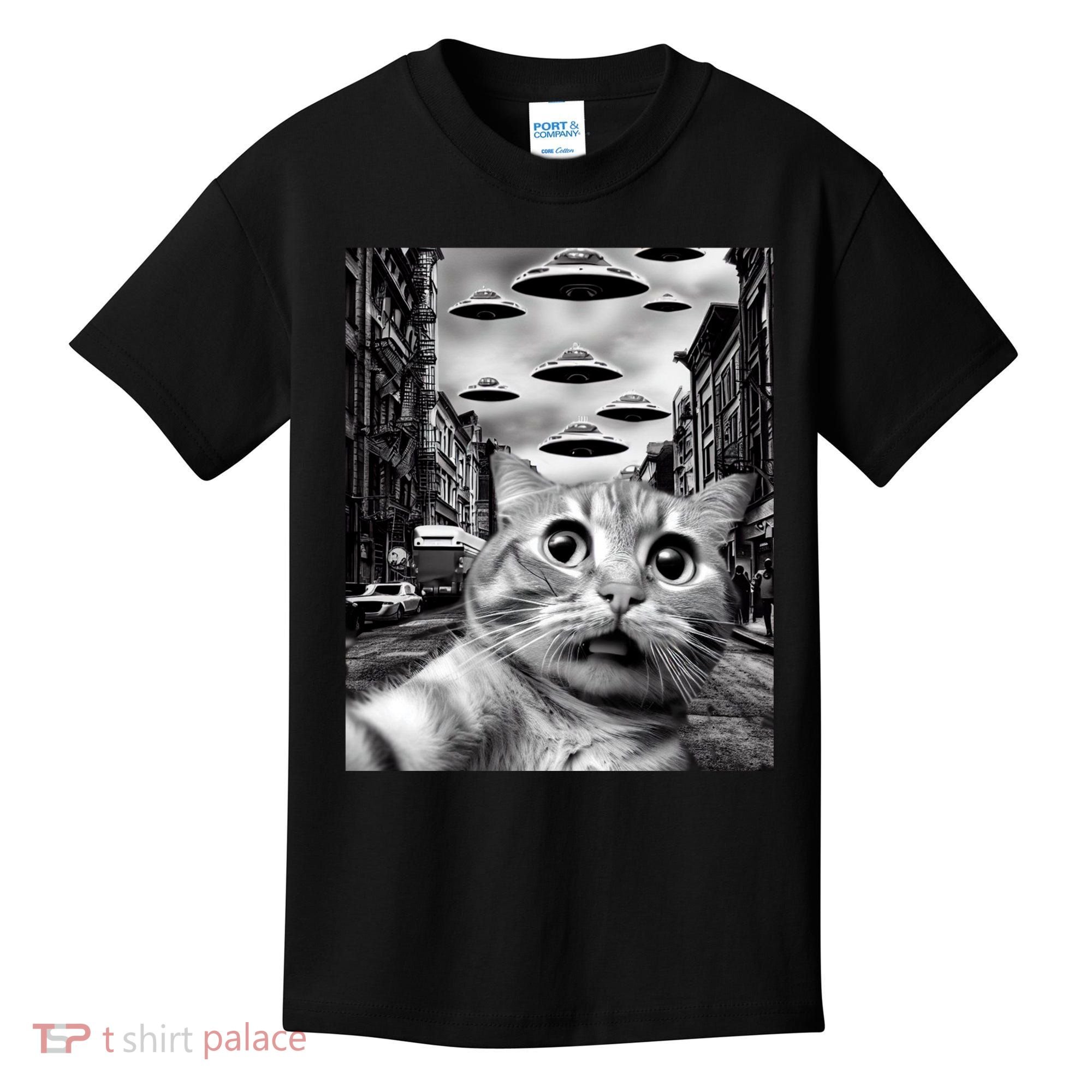 Alien UFO Funny Cat Selfie Kids T-Shirt