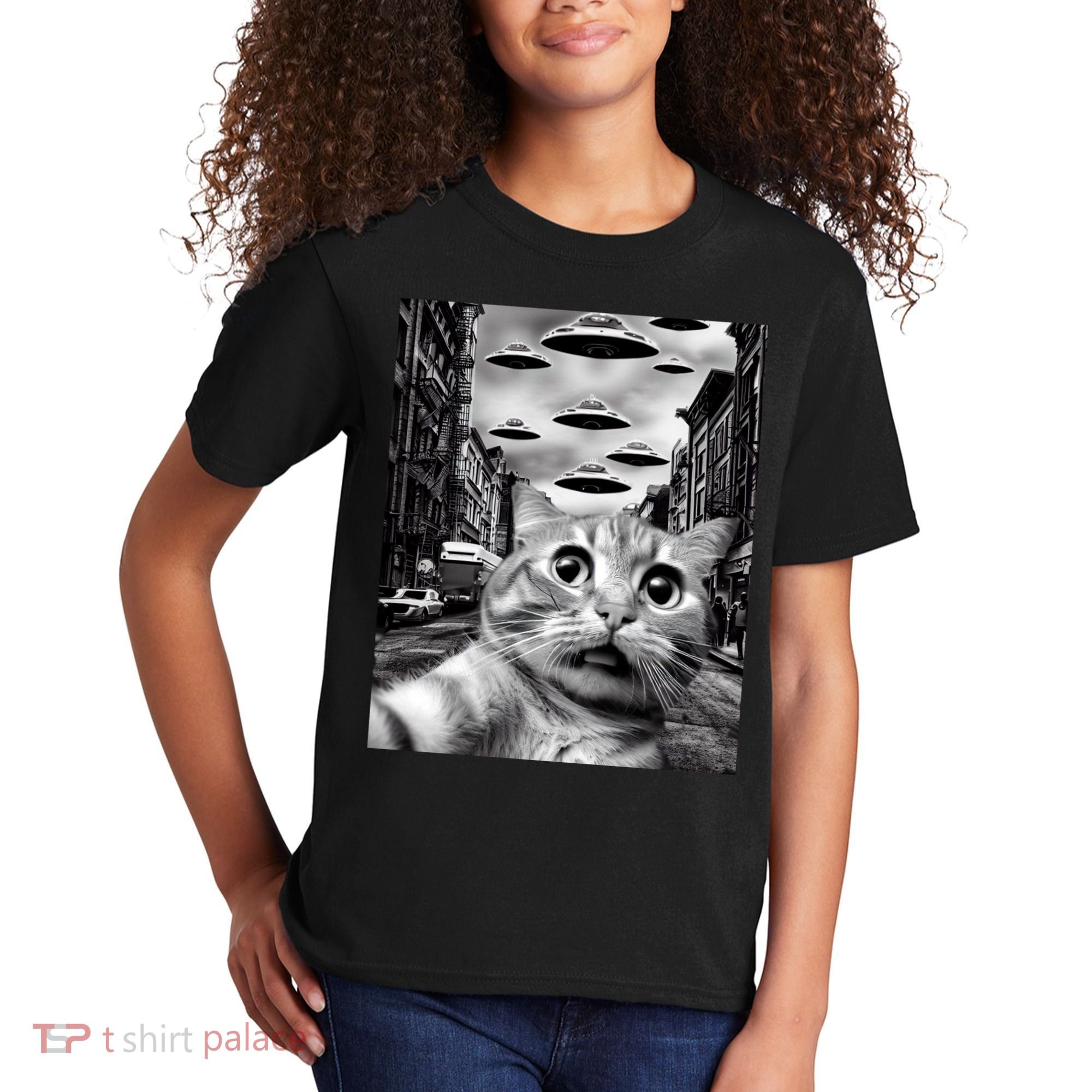 Alien UFO Funny Cat Selfie Kids T-Shirt