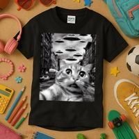 Alien UFO Funny Cat Selfie Kids T-Shirt thumb 3