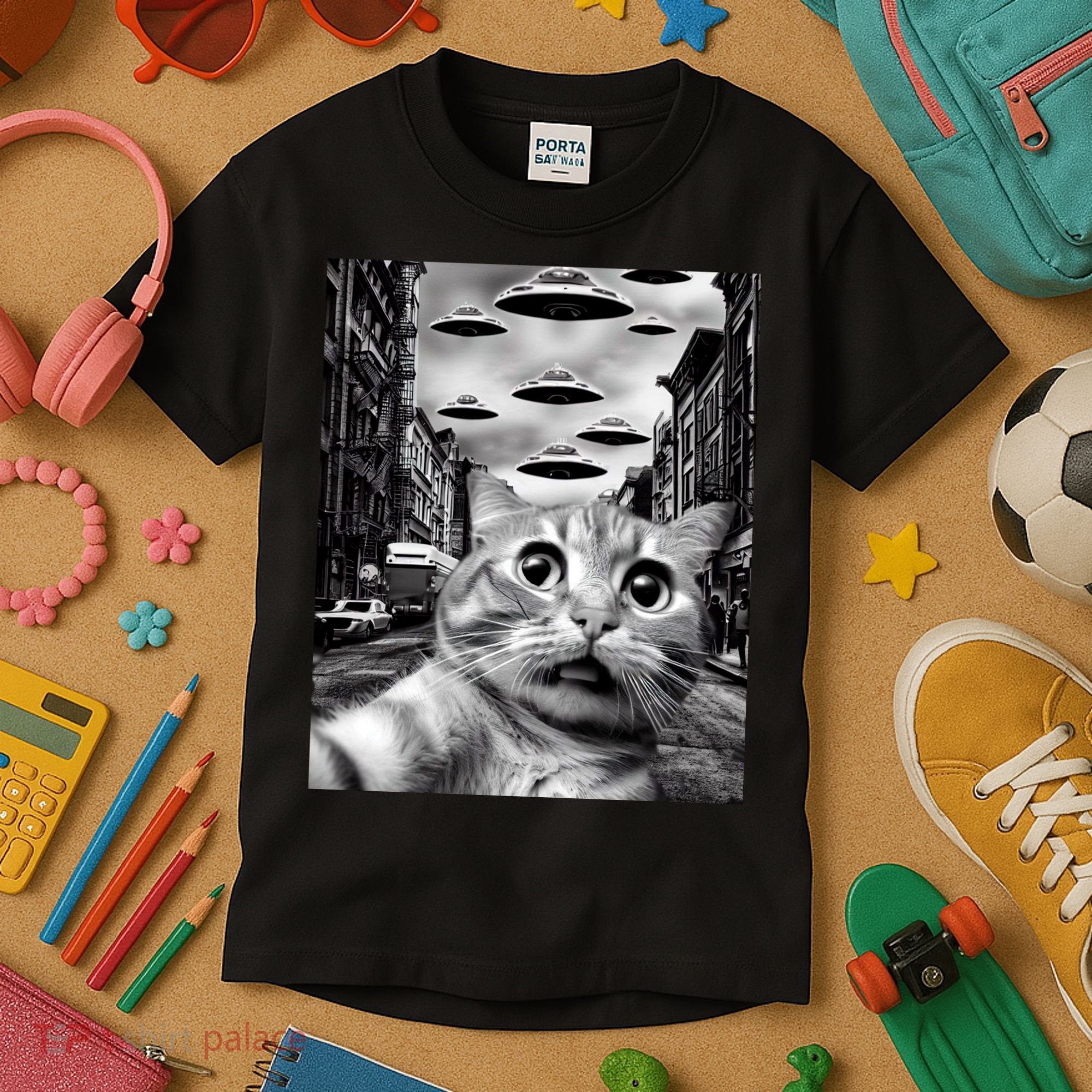 Alien UFO Funny Cat Selfie Kids T-Shirt