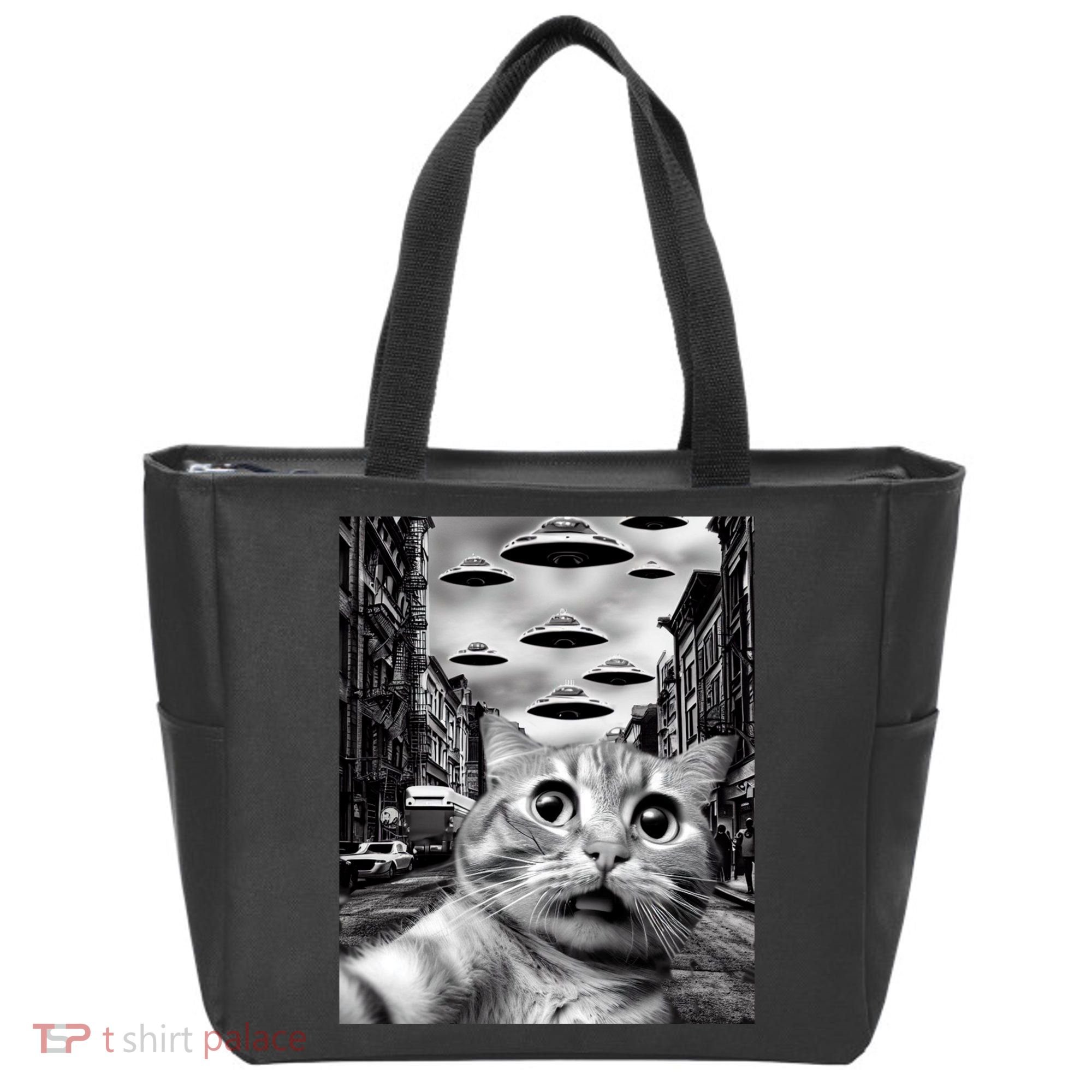Alien UFO Funny Cat Selfie Tote Bag