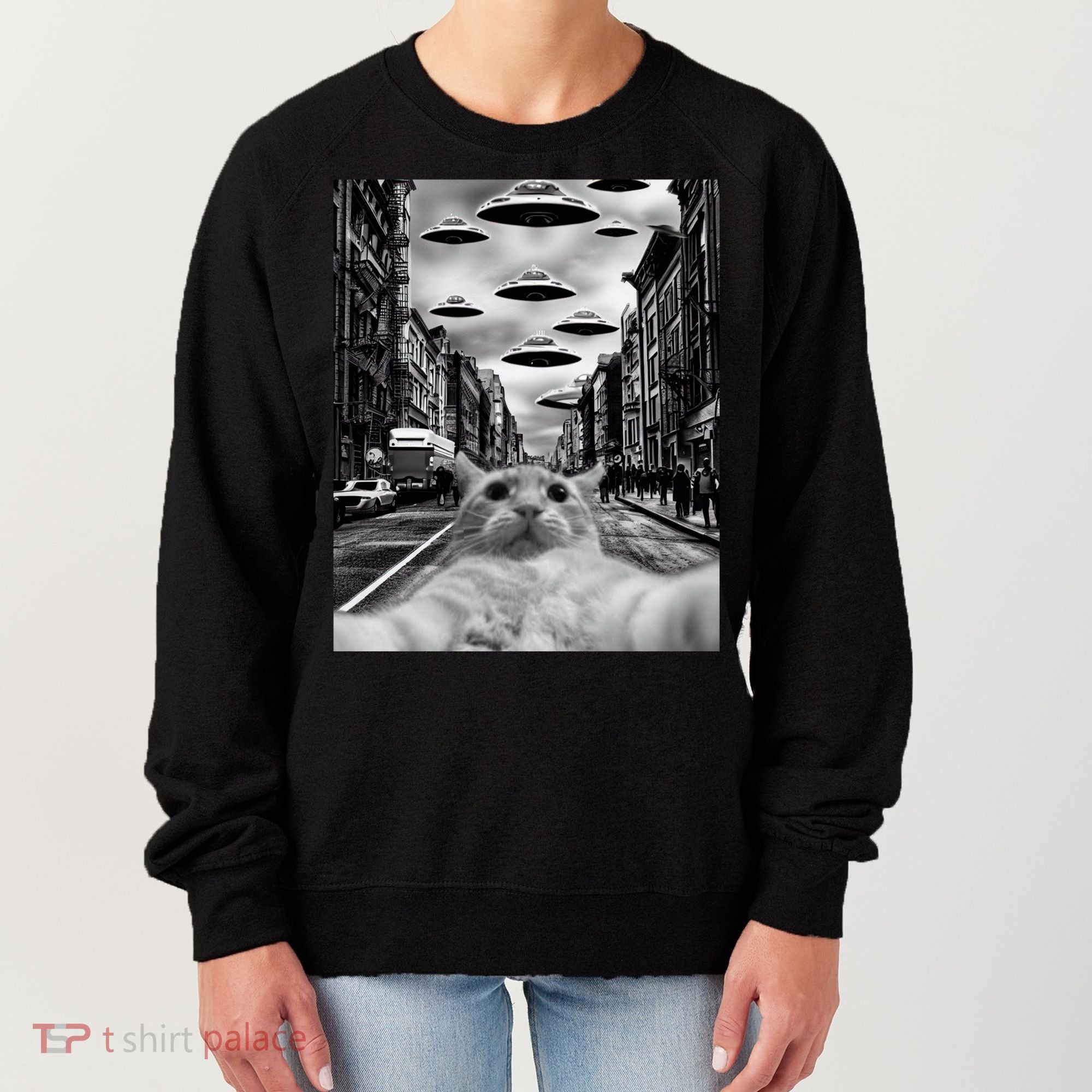 Alien UFO Funny Cat Selfie Women's Sweatshirt
