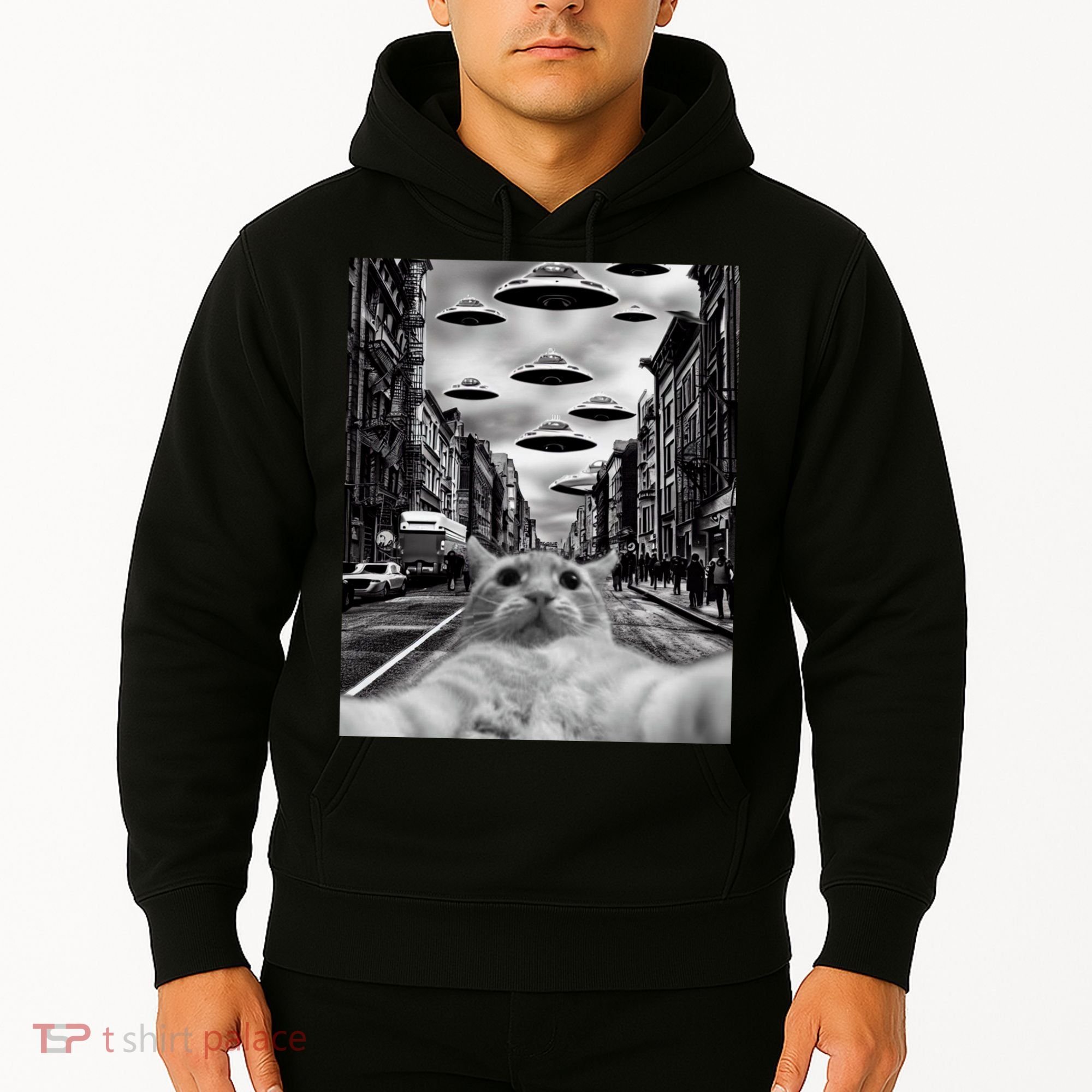 Alien UFO Funny Cat Selfie Hoodie