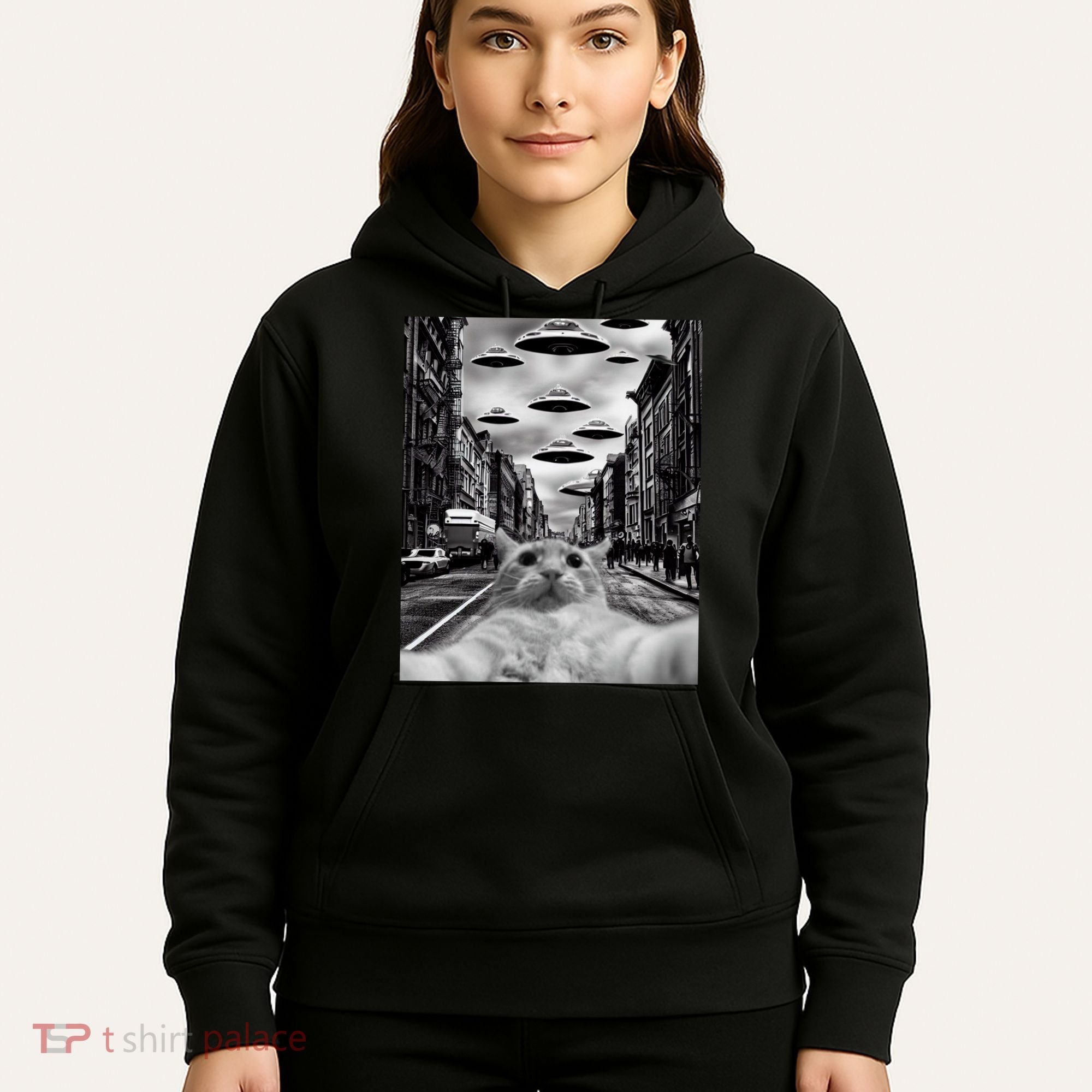 Alien UFO Funny Cat Selfie Hoodie