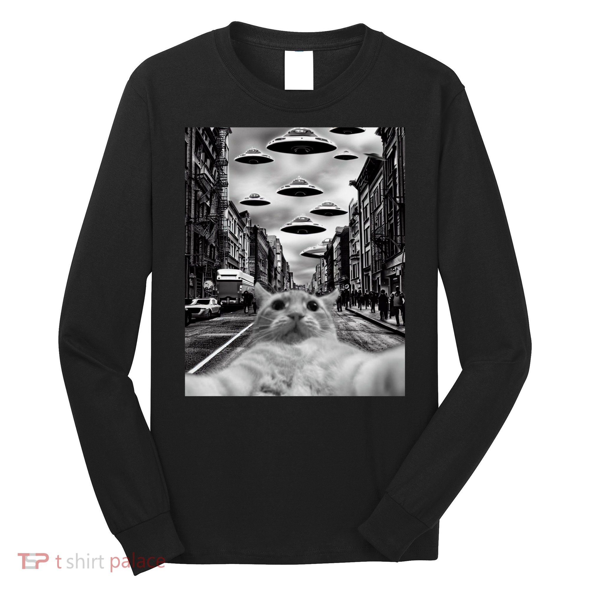 Alien UFO Funny Cat Selfie Long Sleeve Shirt