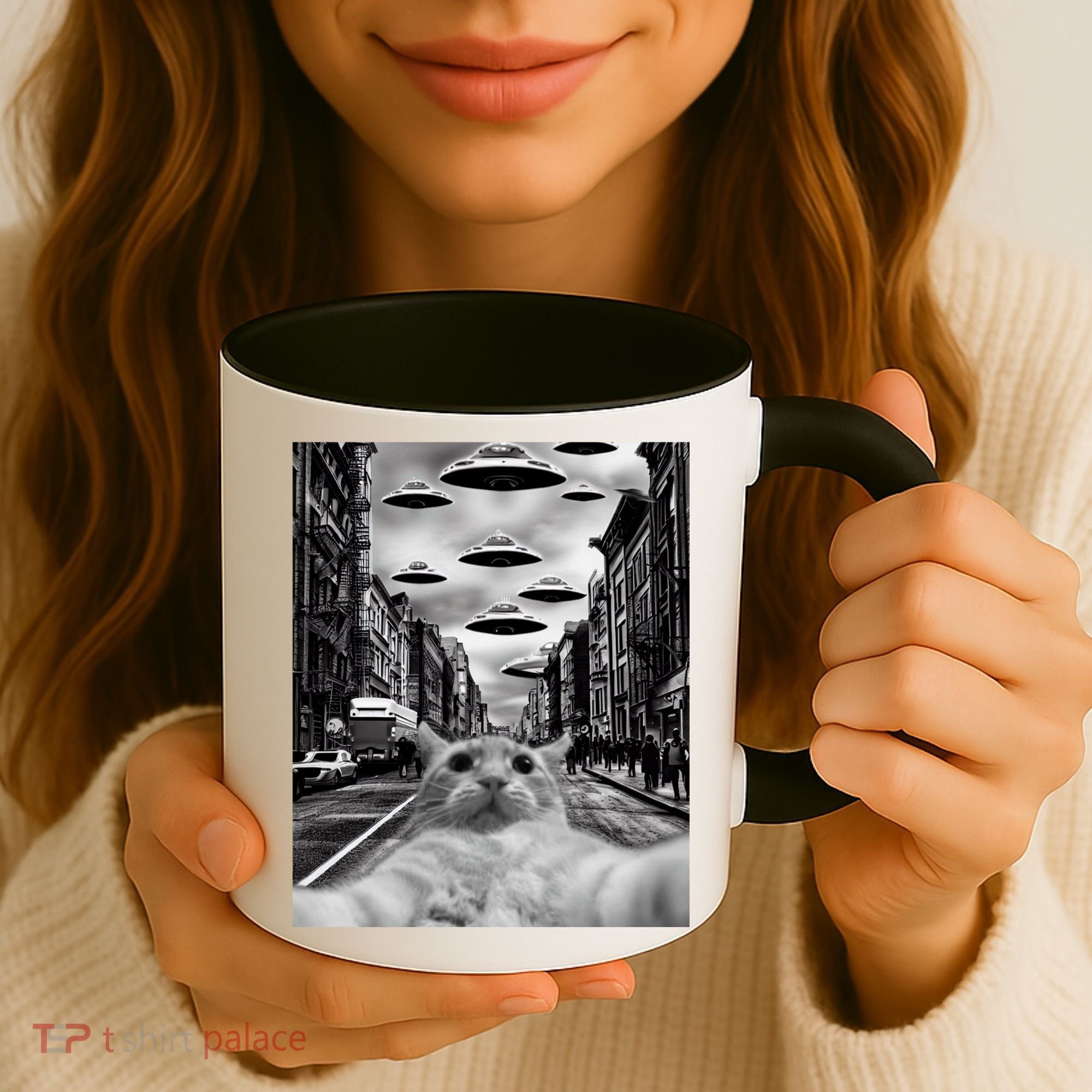 Alien UFO Funny Cat Selfie Coffee Mug