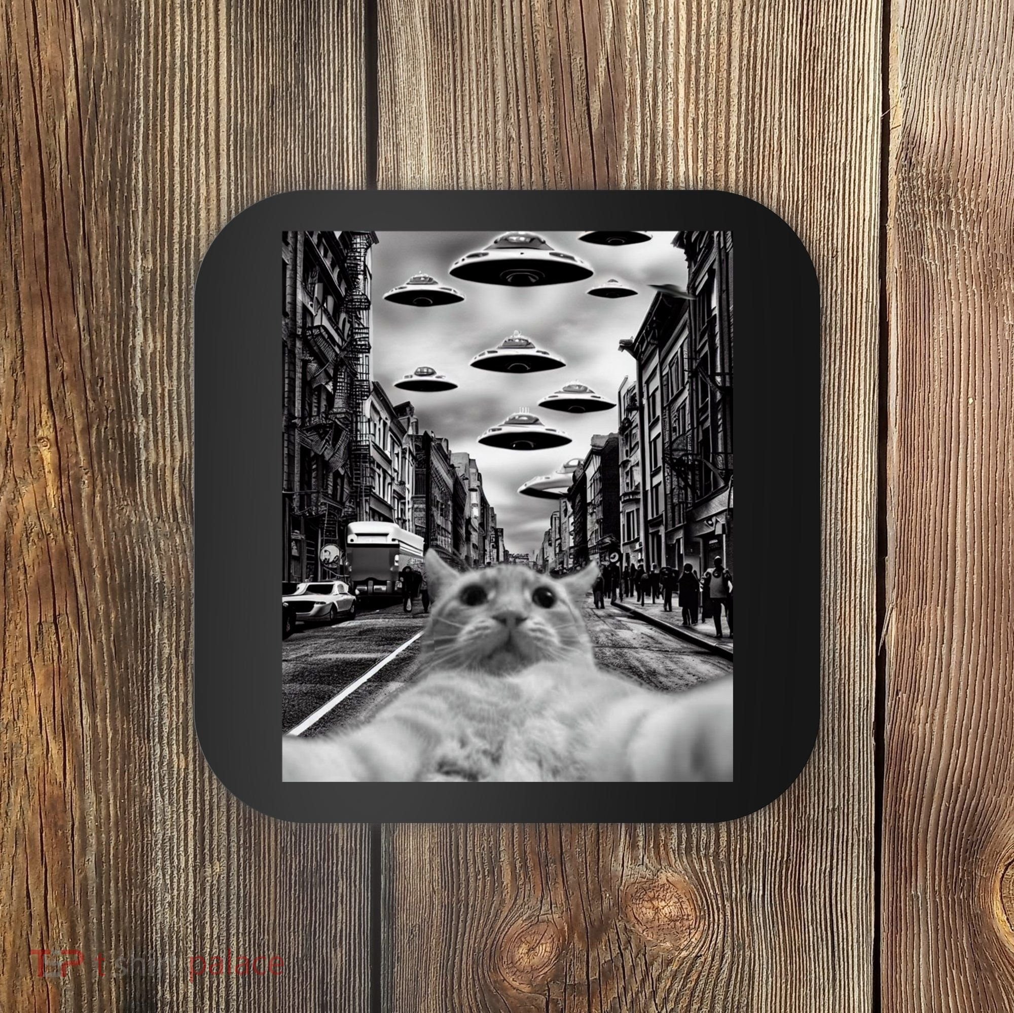 Alien UFO Funny Cat Selfie Coaster