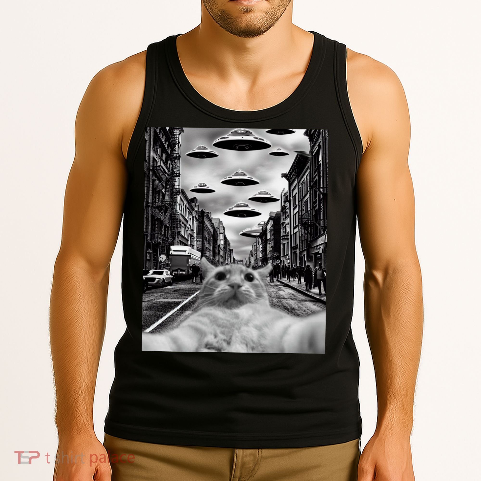 Alien UFO Funny Cat Selfie Tank Top