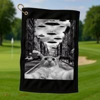 Alien UFO Funny Cat Selfie Golf Towel thumb 1
