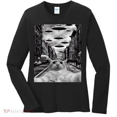 Alien UFO Funny Cat Selfie Women's Long Sleeve Shirt