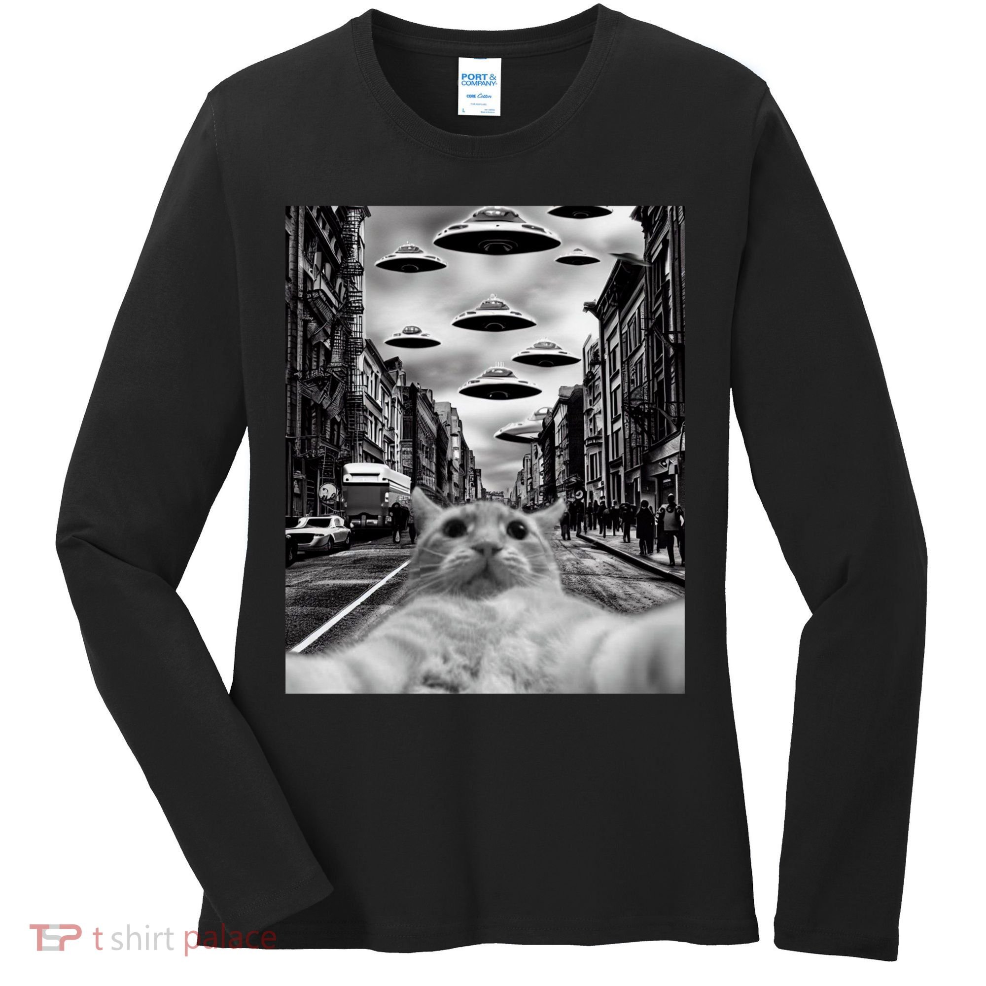 Alien UFO Funny Cat Selfie Women's Long Sleeve Shirt