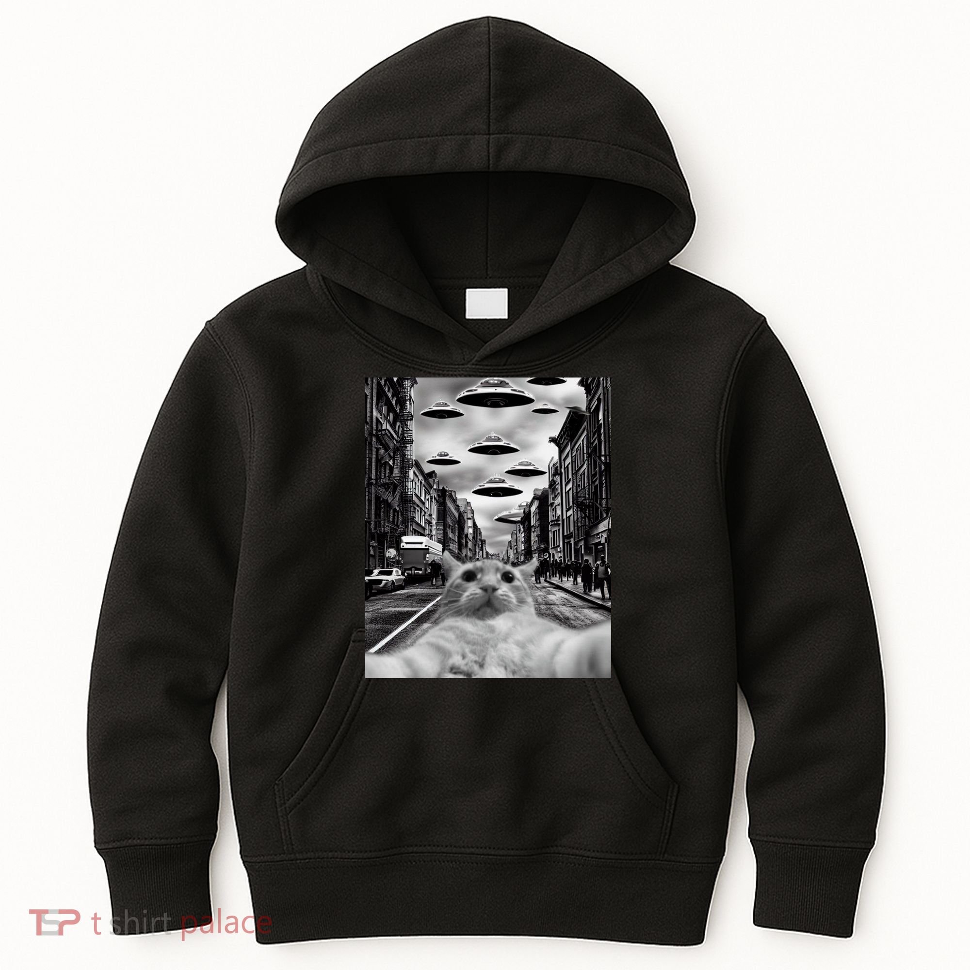 Alien UFO Funny Cat Selfie Kids Hoodie