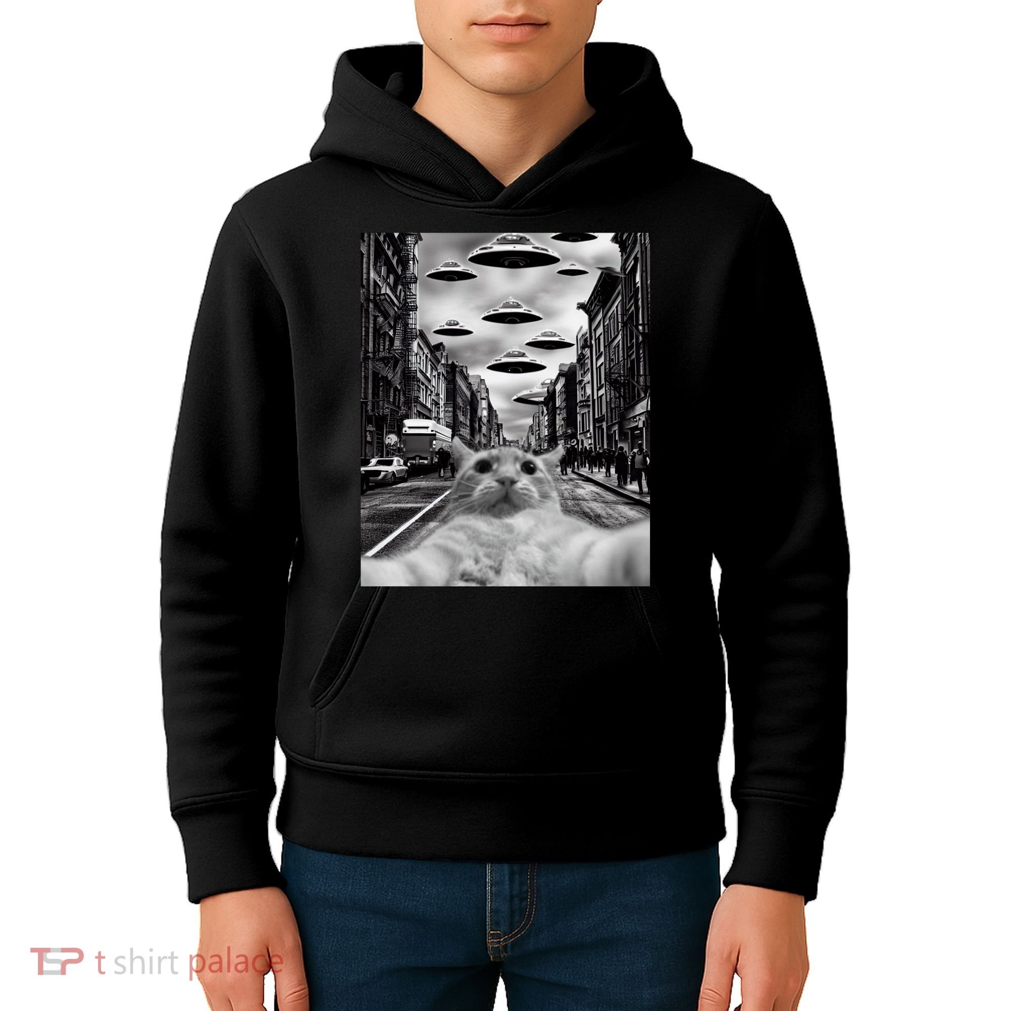 Alien UFO Funny Cat Selfie Kids Hoodie