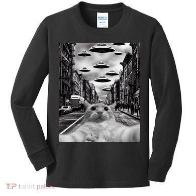 Alien UFO Funny Cat Selfie Kids Long Sleeve Shirt