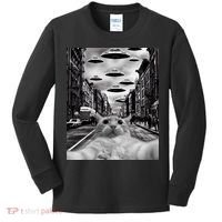 Alien UFO Funny Cat Selfie Kids Long Sleeve Shirt thumb 0