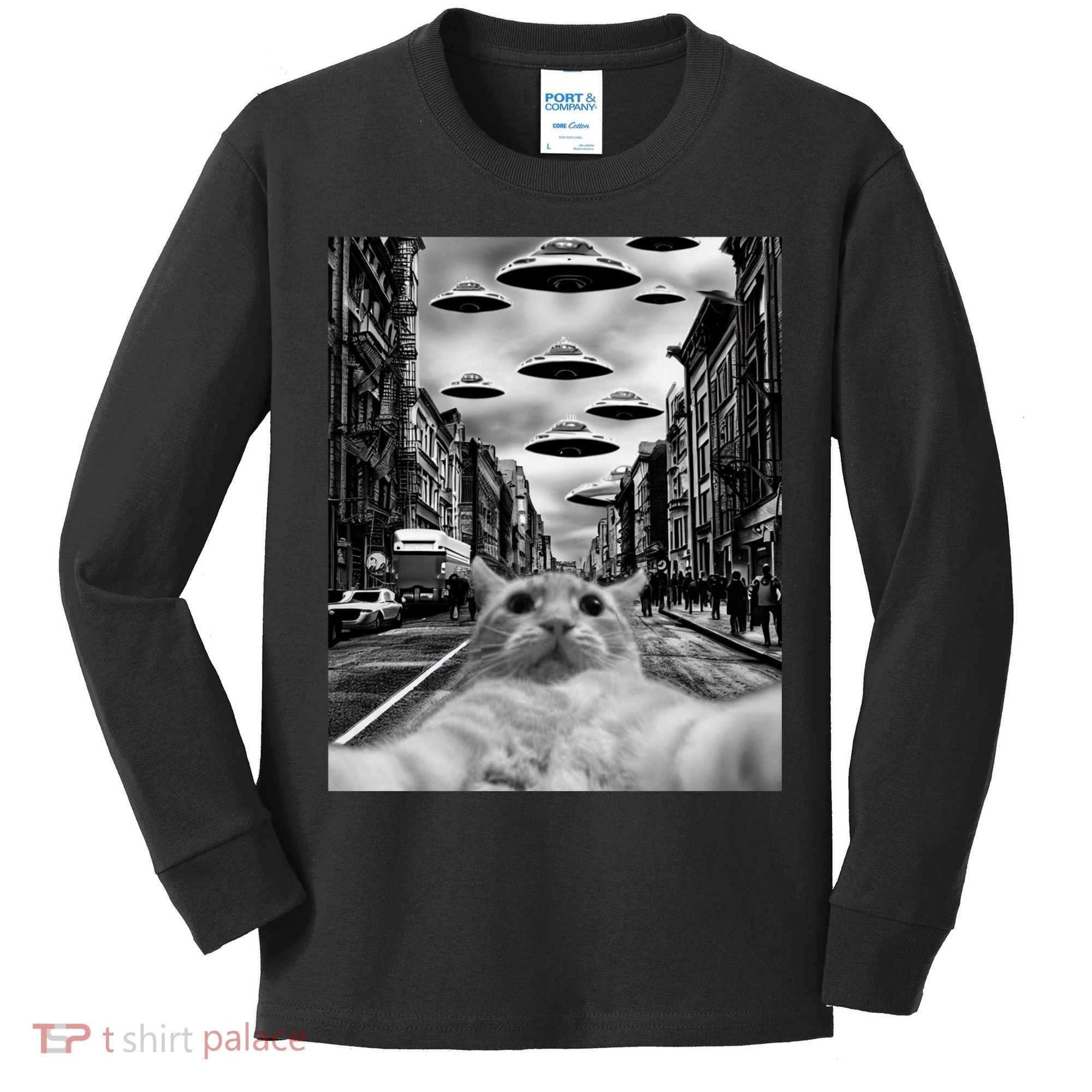 Alien UFO Funny Cat Selfie Kids Long Sleeve Shirt