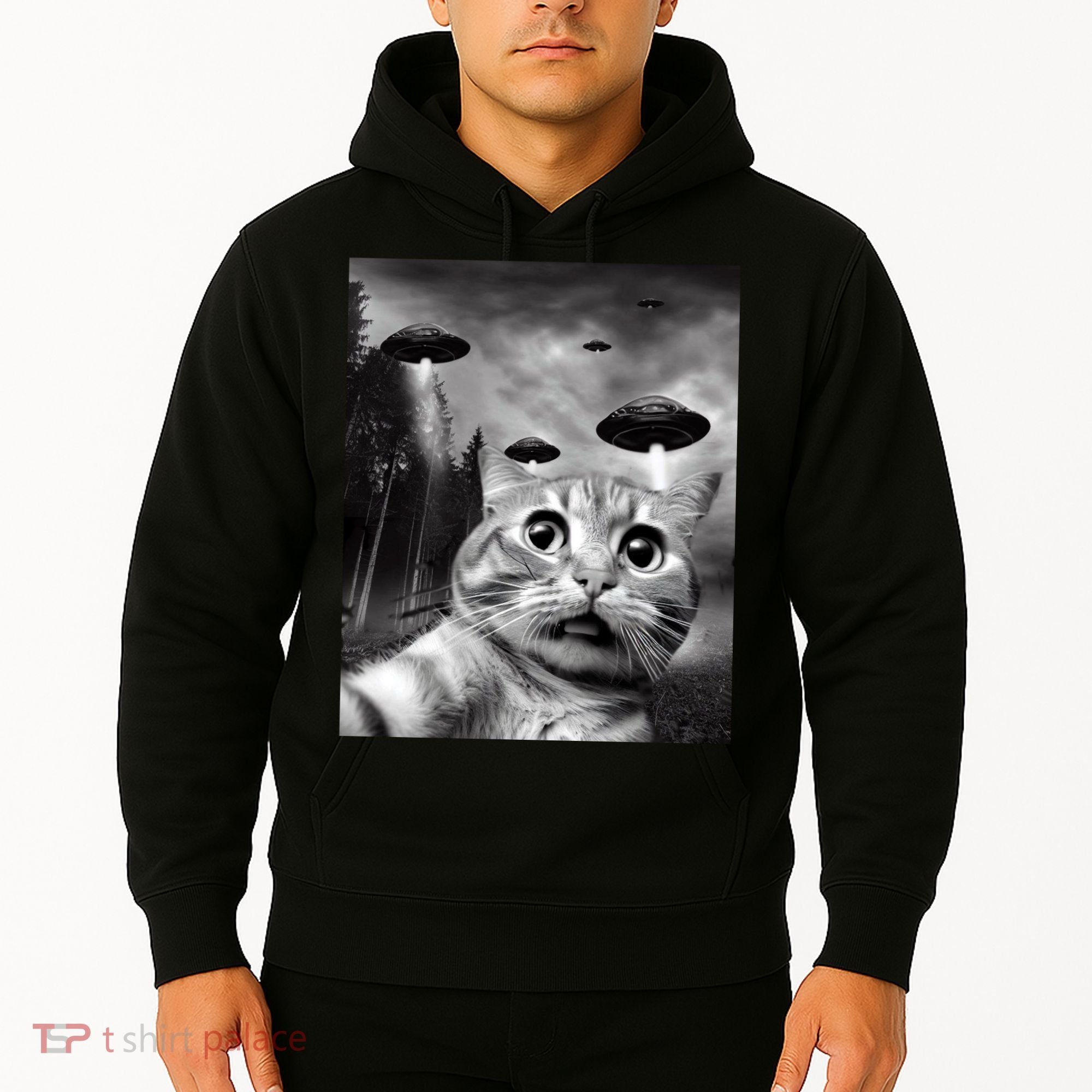 Alien UFO Funny Cat Selfie Hoodie