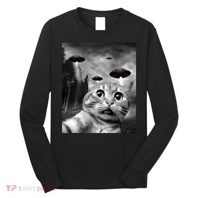 Alien UFO Funny Cat Selfie Long Sleeve Shirt