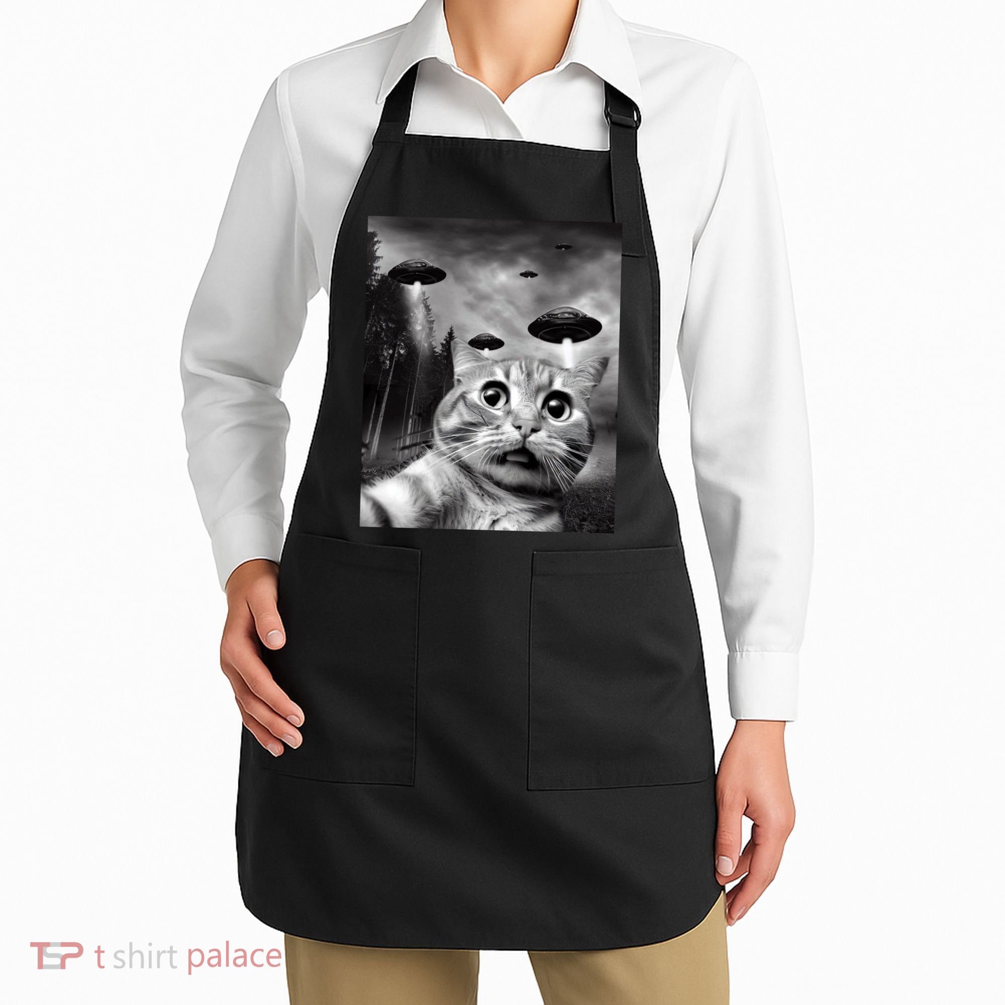 Alien UFO Funny Cat Selfie Apron