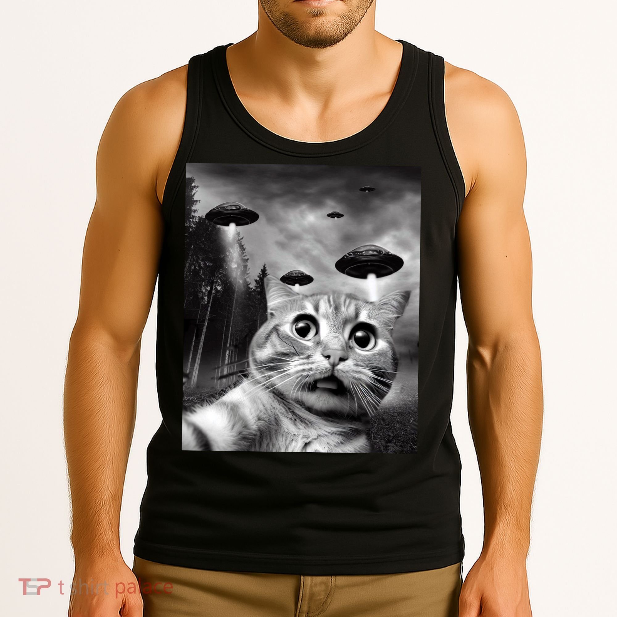 Alien UFO Funny Cat Selfie Tank Top