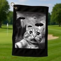 Alien UFO Funny Cat Selfie Golf Towel thumb 1