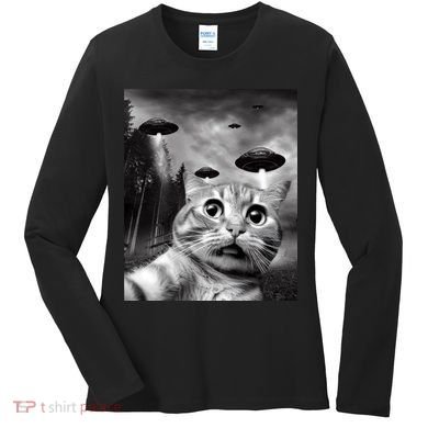 Alien UFO Funny Cat Selfie Women's Long Sleeve Shirt