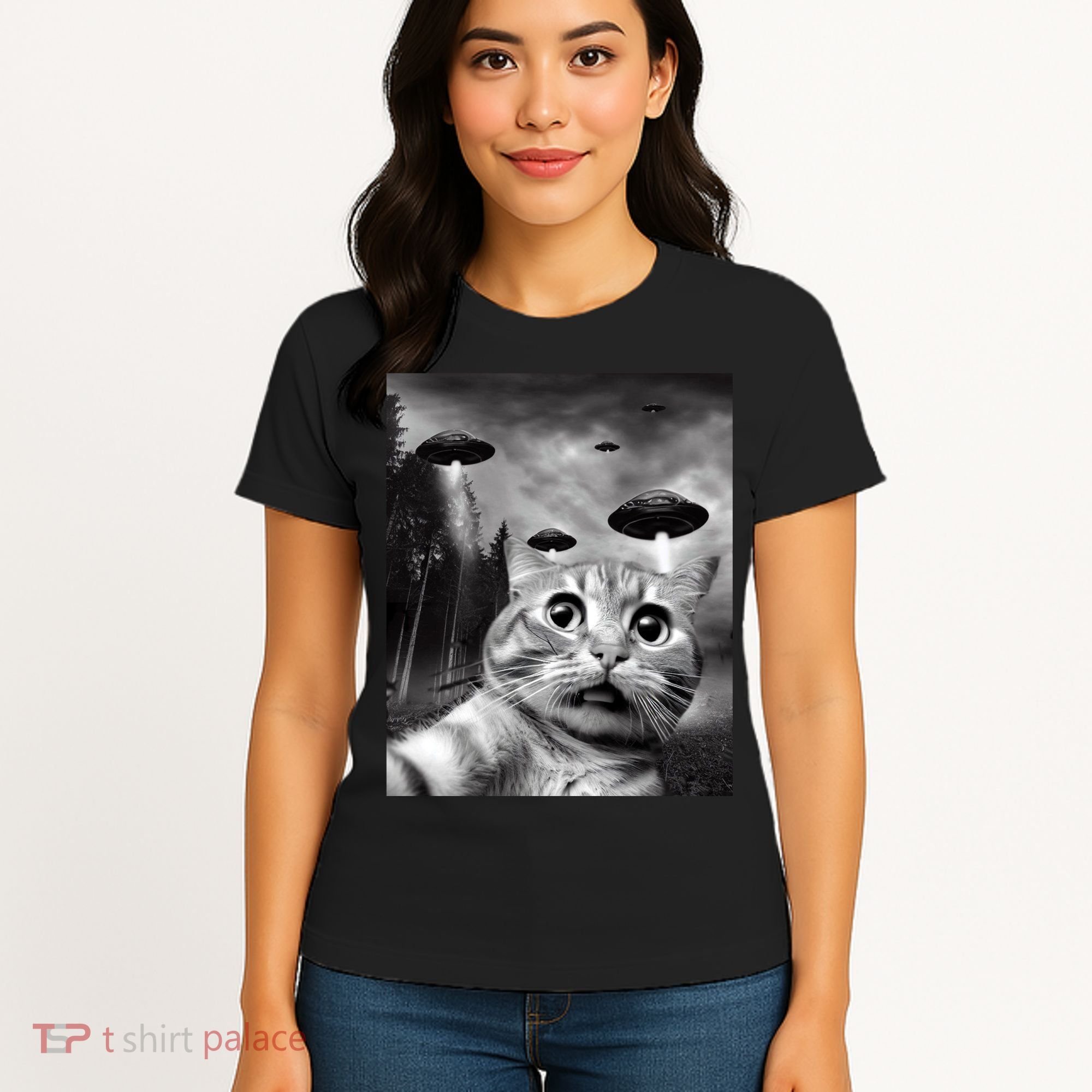 Alien UFO Funny Cat Selfie Women's T-Shirt