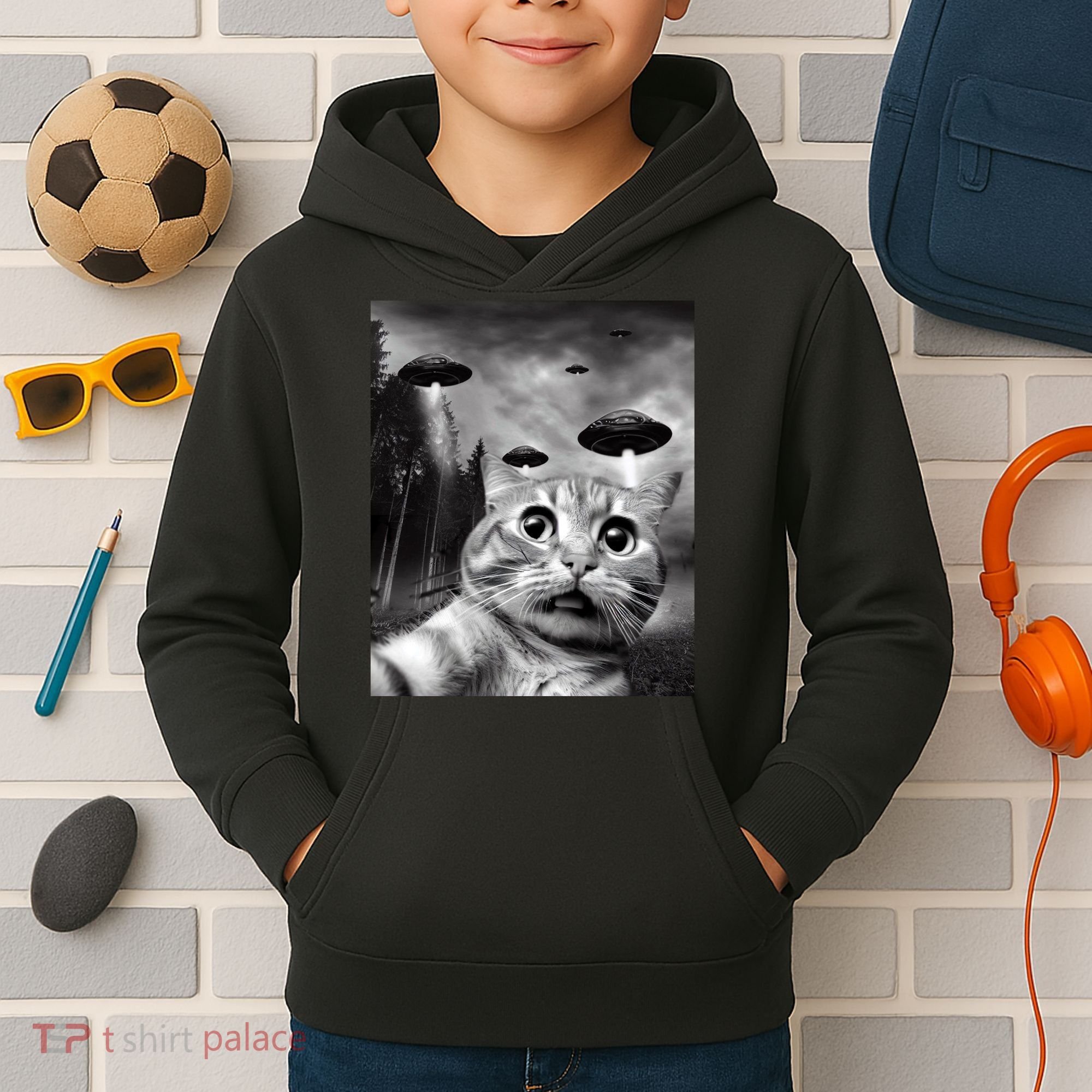 Alien UFO Funny Cat Selfie Kids Hoodie