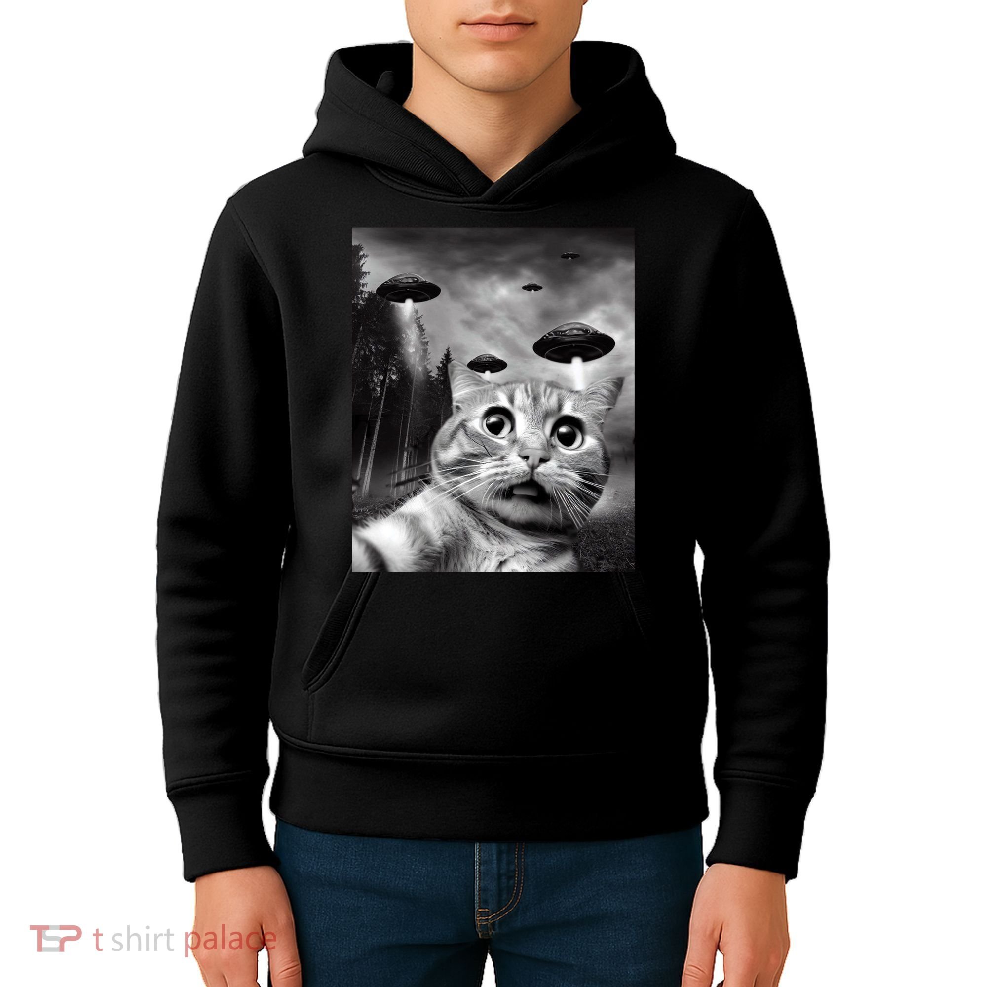Alien UFO Funny Cat Selfie Kids Hoodie