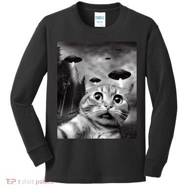 Alien UFO Funny Cat Selfie Kids Long Sleeve Shirt