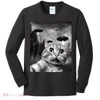 Alien UFO Funny Cat Selfie Kids Long Sleeve Shirt thumb 0
