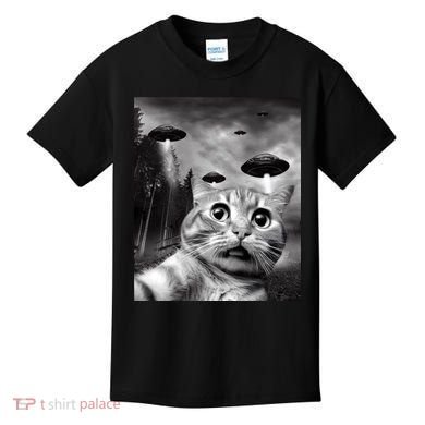 Alien UFO Funny Cat Selfie Kids T-Shirt