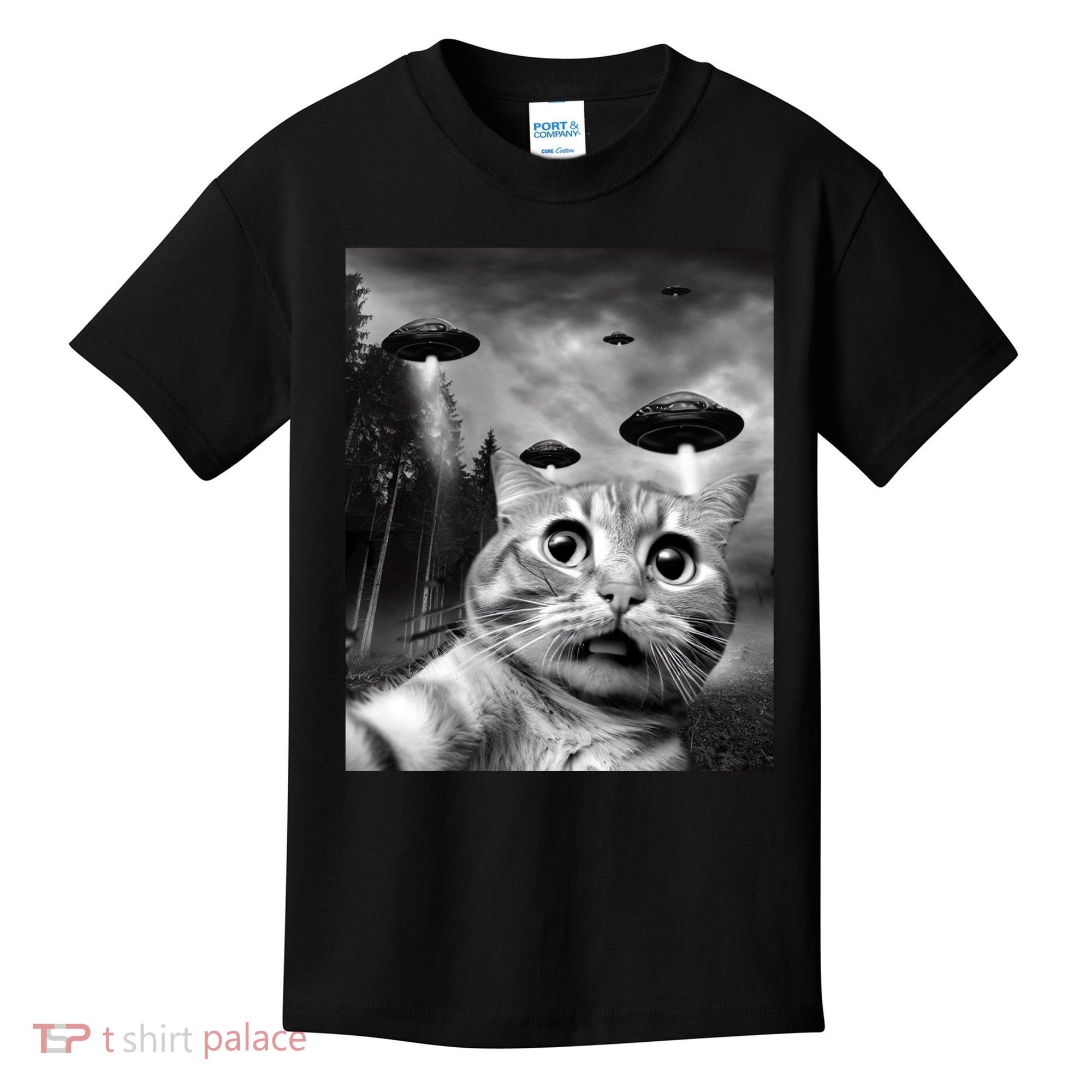 Alien UFO Funny Cat Selfie Kids T-Shirt