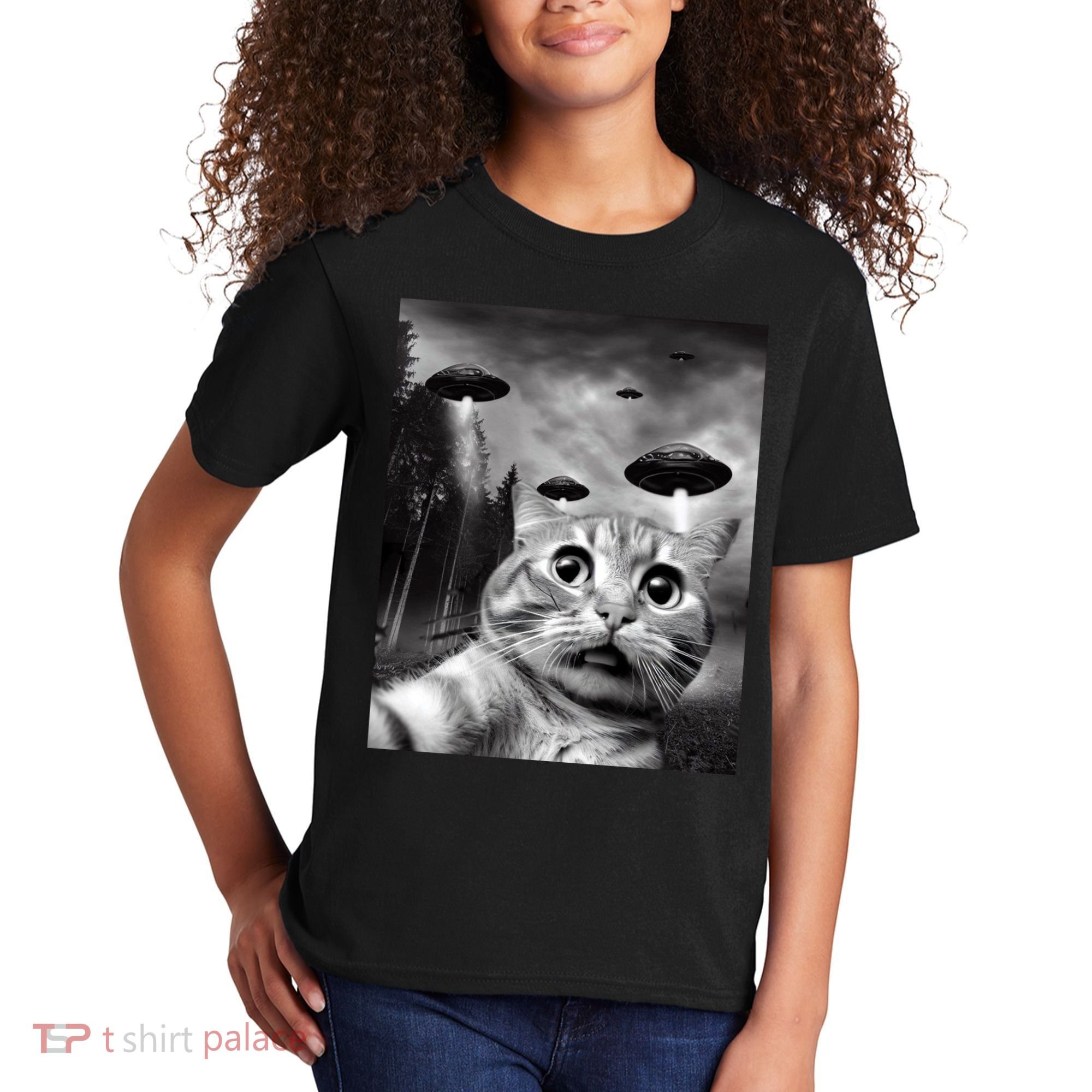 Alien UFO Funny Cat Selfie Kids T-Shirt