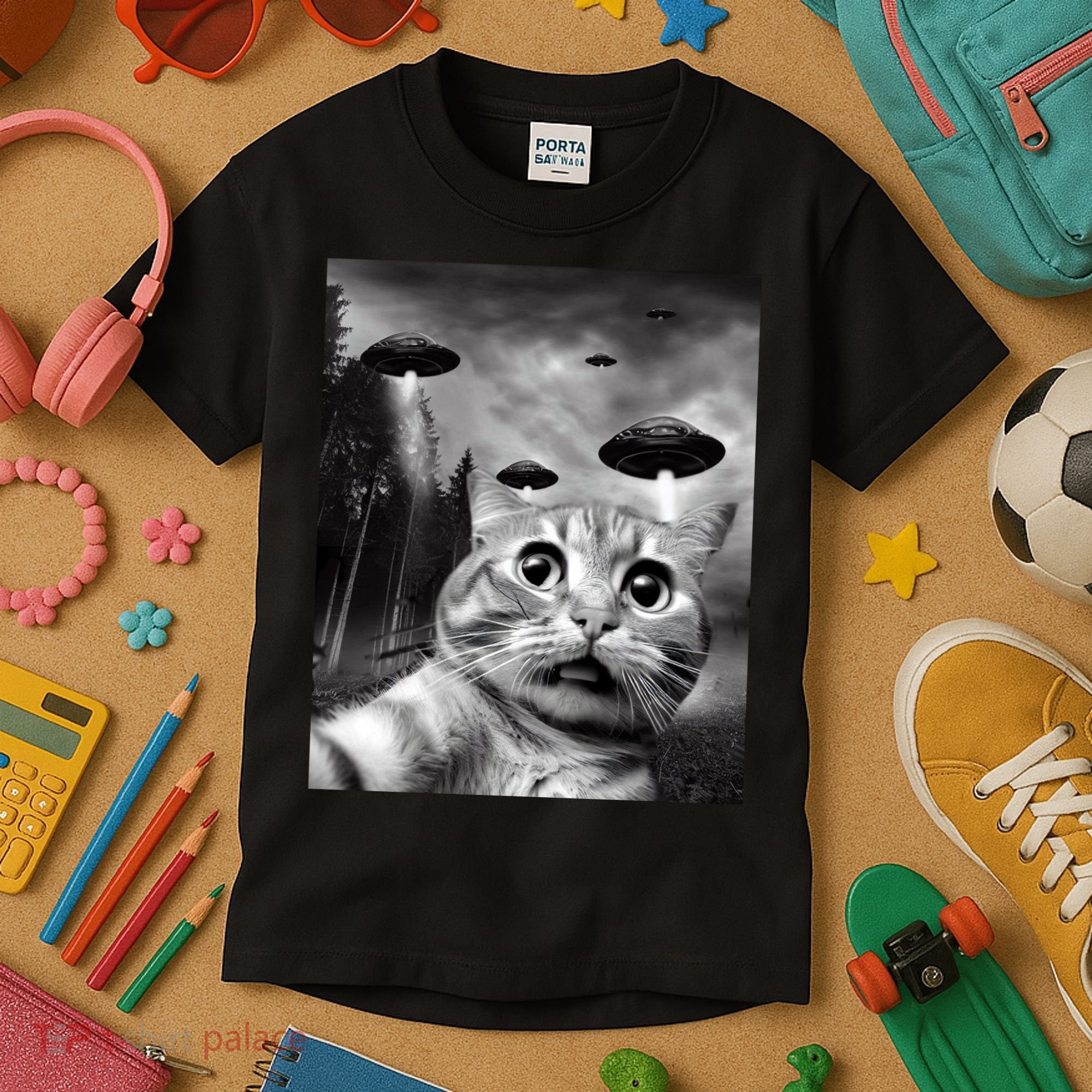 Alien UFO Funny Cat Selfie Kids T-Shirt