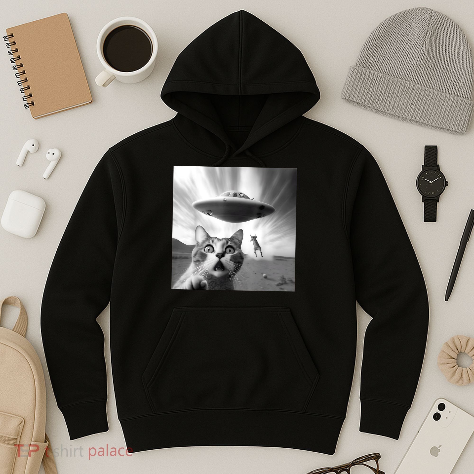 Alien UFO Funny Cat Selfie Hoodie