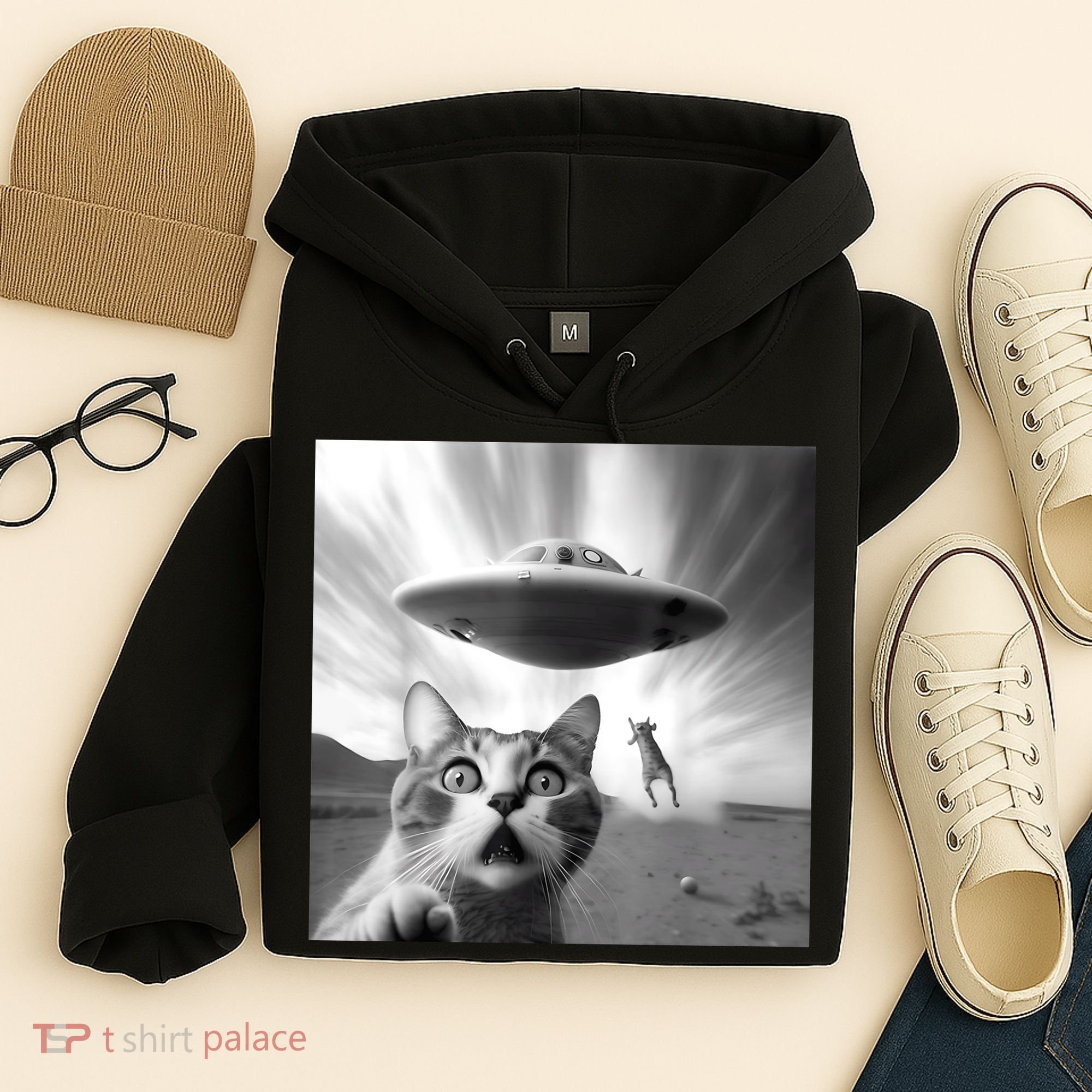 Alien UFO Funny Cat Selfie Hoodie