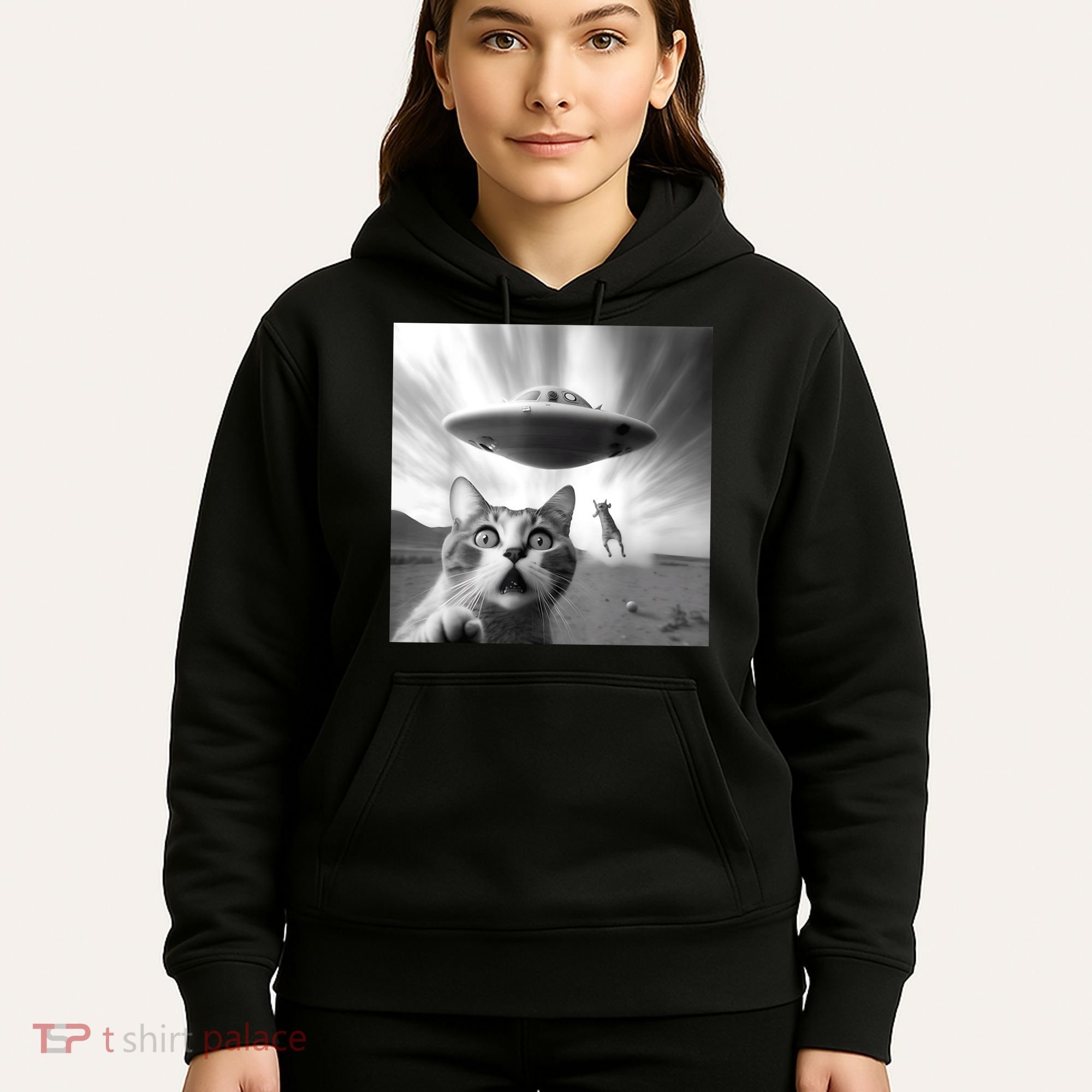 Alien UFO Funny Cat Selfie Hoodie