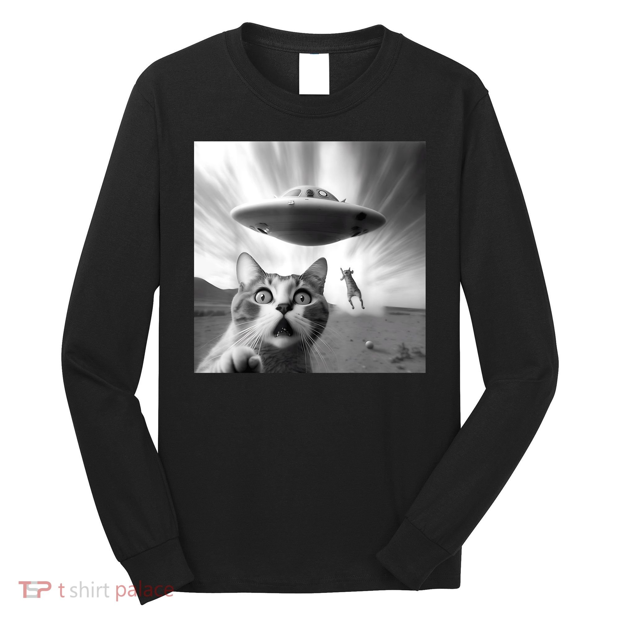Alien UFO Funny Cat Selfie Long Sleeve Shirt