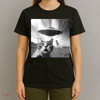 Alien UFO Funny Cat Selfie T-Shirt thumb 4