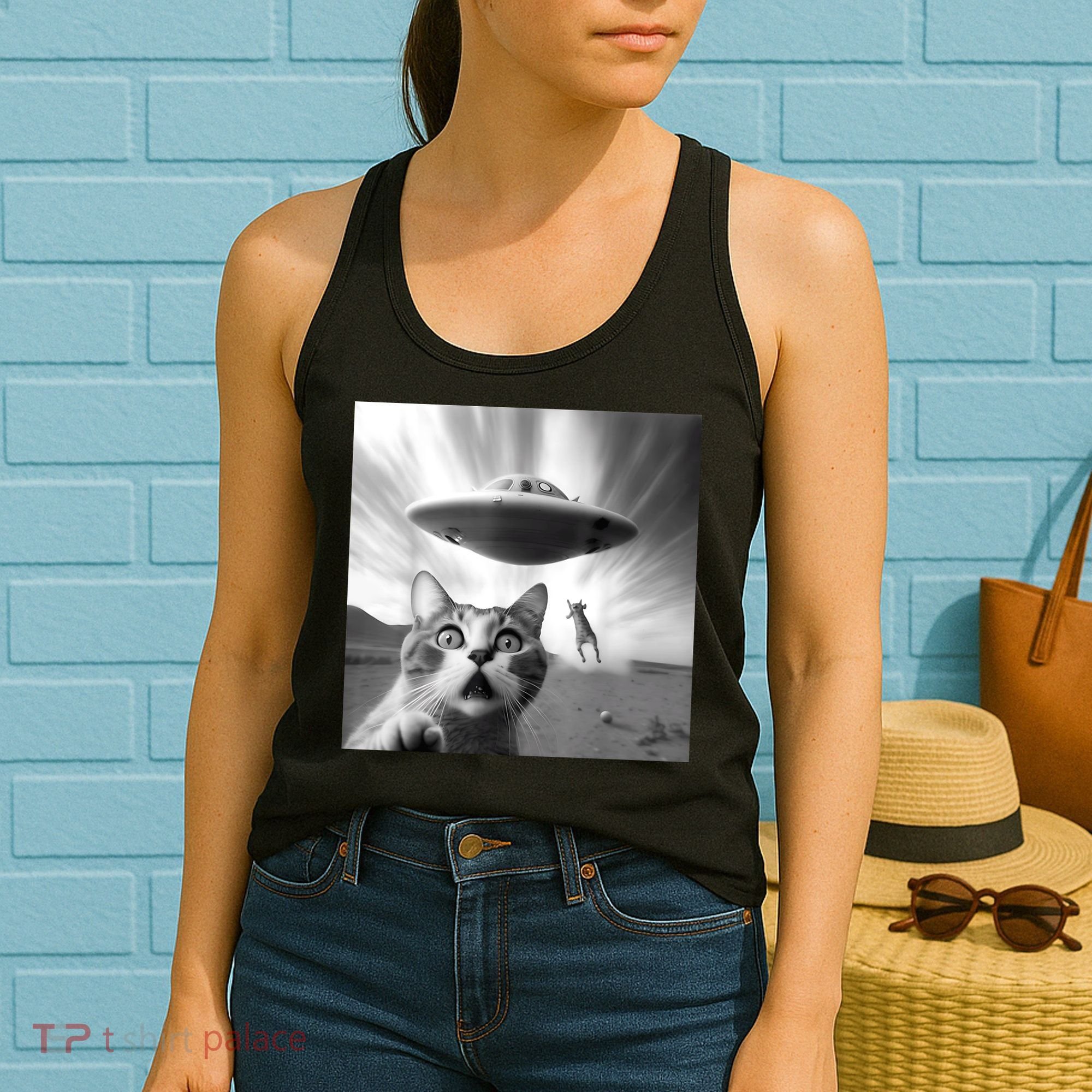 Alien UFO Funny Cat Selfie Women's Tank Top