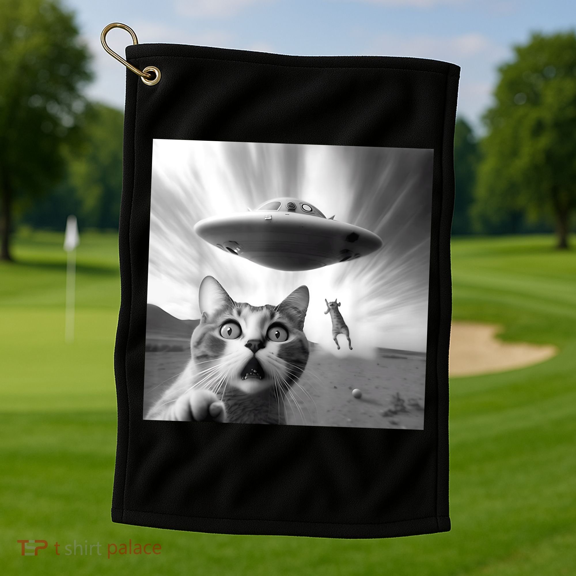 Alien UFO Funny Cat Selfie Golf Towel