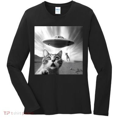 Alien UFO Funny Cat Selfie Women's Long Sleeve Shirt