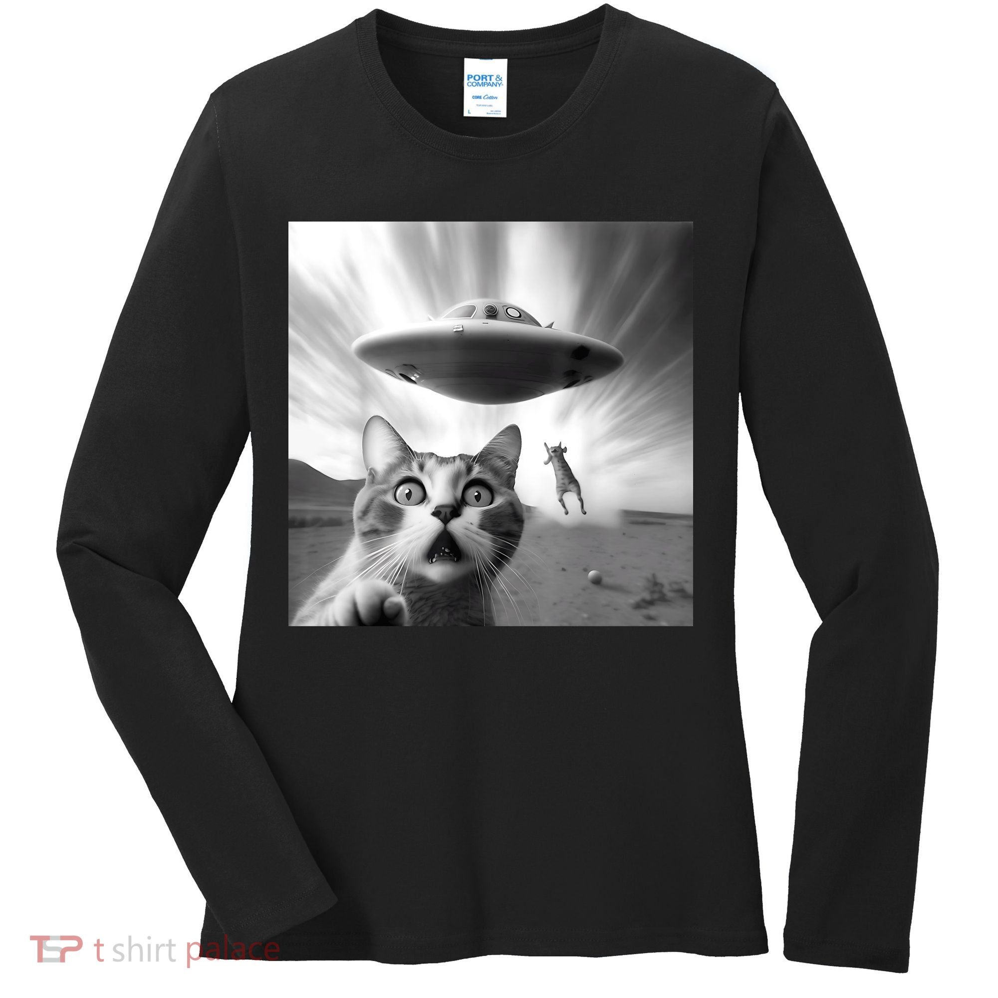 Alien UFO Funny Cat Selfie Women's Long Sleeve Shirt