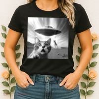 Alien UFO Funny Cat Selfie Women's T-Shirt thumb 2